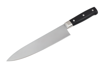 Sharp stainless steel chef knife with black handle, ready for culinary tasks