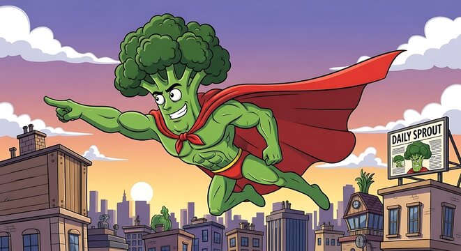 Illustration of a superhero broccoli with a cape, flying over a city, humorous cartoon style