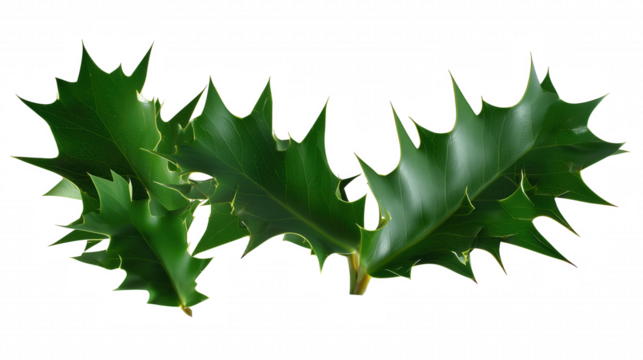 Two clusters of holly leaves with glossy deep green surfaces and sharp spiky edges on transparent background