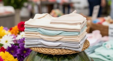 Stack of soft pastel baby clothes on woven mat