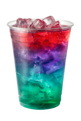 Vibrant layered colorful iced drink in a clear plastic cup perfect for summer.