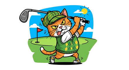 A mischievous orange tabby cat, dressed in golfing attire, swings a golf club on a sunny course.