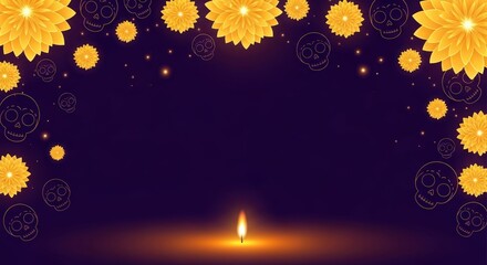 Golden marigold flowers and sugar skulls frame a lit candle on a dark background, celebrating a festive tradition.