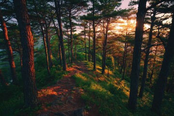 Obraz premium Sunlit path through pine forest at sunrise