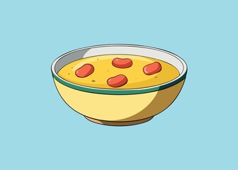Bowl of Yellow Soup with Red Beans Isolated on a Light Blue Background