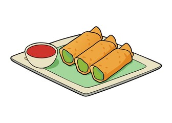 Delicious Spring Rolls with Dipping Sauce on a Plate Illustration Style Art