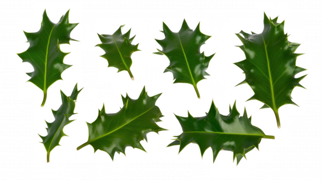 Close-up of holly leaves with sharp spiky edges and rich green tones on transparent background