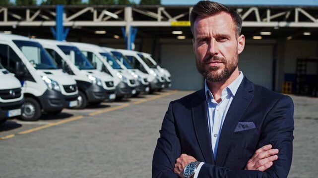 Professional man stands confidently in front of a fleet of vans at a logistics center during daylight hours