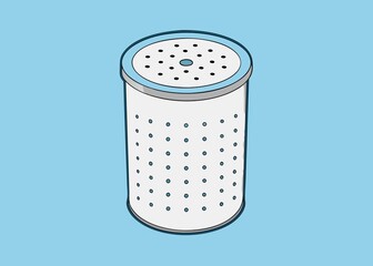 White and Blue Cylindrical Container with Perforations for Draining or Filtering on Blue Background