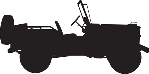 classic offroad suv silhouette with round headlights spare tire open top two seats side view vector illustration © AIcon Star