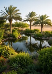 Obraz premium Tranquil pond surrounded by palm trees reflecting sky and lush greenery
