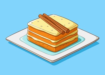 Delicious Layered Cake with Cinnamon Sticks on a White Plate Sweet Treat Illustration