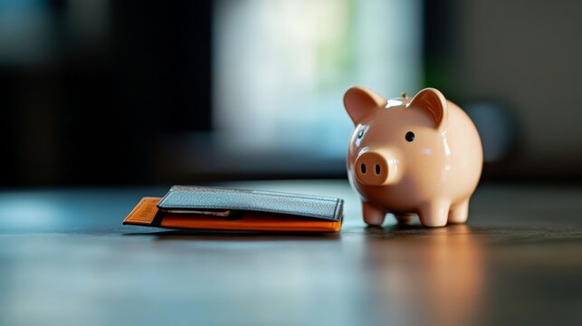 Saving money goals with a piggy bank and wallet on a table indoor setting financial education concept close-up view