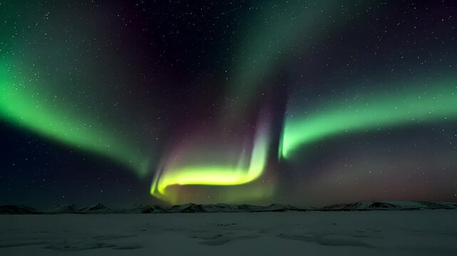 Arctic sky dancers Aurora borealis illuminates snowy plains