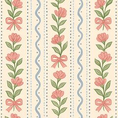 Vintage Floral Stripe Pattern with Pink Bows

