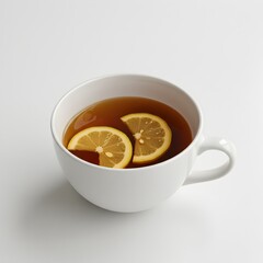 White ceramic cup of hot tea with fresh lemon slices on a bright white background