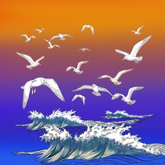 Seagull and Waves Pattern – Hand Painted Birds Illustration for Fabric, Wallpaper, and Design