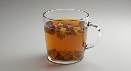 Golden herbal tea with floating flower petals in a clear glass mug