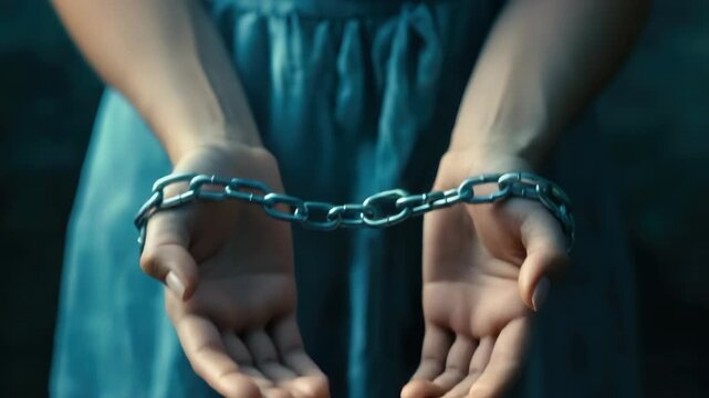 A person's hands bound with chains, symbolizing the struggle between freedom and confinement.