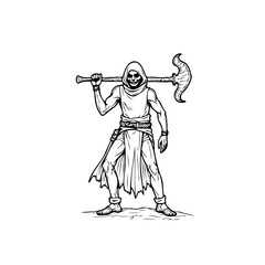 A hooded skeletal warrior wielding a peculiar weapon, rendered in stark monochrome illustration