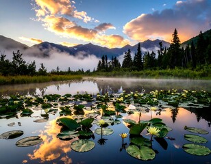 Serene sunrise over a tranquil pond