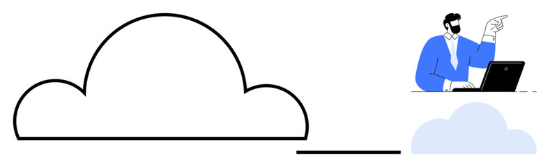Man sitting near a laptop while engaging with large cloud outline concept. Ideal for cloud computing, technology innovation, data storage, remote work, future tech, business efficiency, simple flat