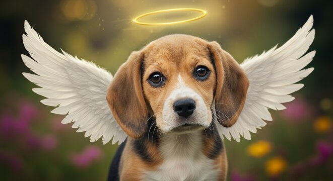Adorable beagle puppy with angel wings