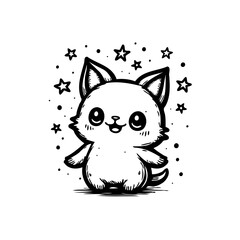 Charming feline friend amidst twinkling stars a whimsical monochrome illustration evoking