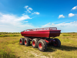 Obraz premium Red agricultural trailer standing in a green field under blue sky