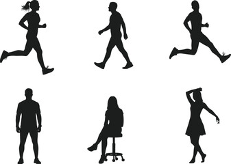Silhouette vector illustration of people walking, running, sitting, and dancing for fitness, lifestyle, motion, and activity design content.