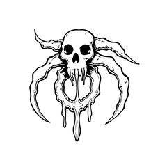 Creepy monochrome skull entity with sharp limbs and drips, surrealist artwork for dark fantasy