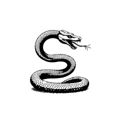 Detailed monochrome etching portraying a coiled serpent with a visible forked tongue suggesting
