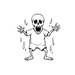 Distressed skeletal figure with an open mouth depicted in black and white linework evokes fear
