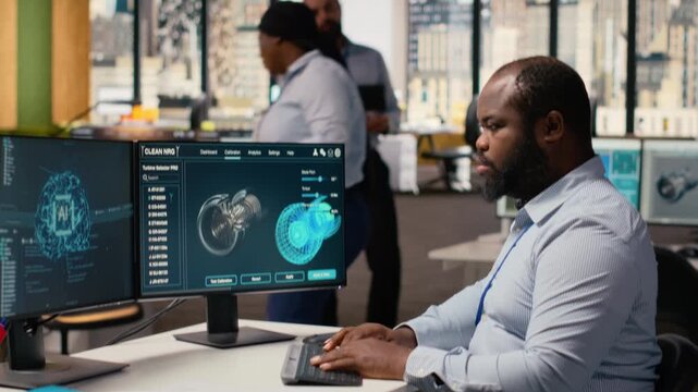 Engineer upgrades turbine component with machine learning to maximize sustainability. African american man uses AI tech to refine blade aerodynamics, boosting clean energy output, camera B