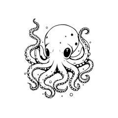 Enigmatic deep sea creature illustration depicting a stylized octopus in black and white elegance
