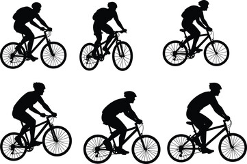 Fototapeta premium Silhouette vector set of male cyclists riding bicycles with backpacks and helmets, ideal for fitness, sport, travel, and outdoor designs.