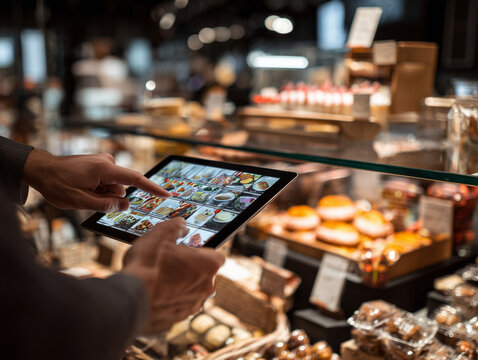 Chef using tablet to check food inventory in restaurant kitchen