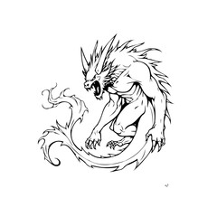 Ink illustration of mythical creature with powerful form and fiery tail ready to pounce or attack