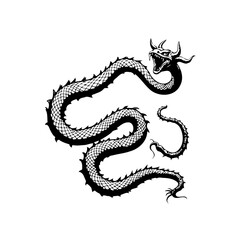 Intricate black and white dragon artwork showcasing a fierce mystical serpentine creature in