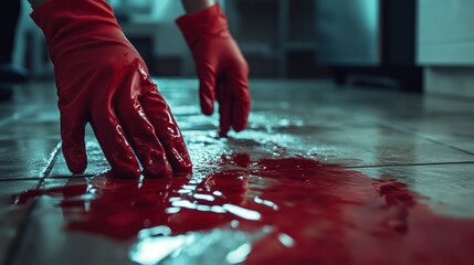 Gloved hands clean blood spill, kitchen floor, crime scene investigation
