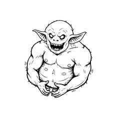 Intricate line art depicting a muscular goblin character with sinister grin standing isolated