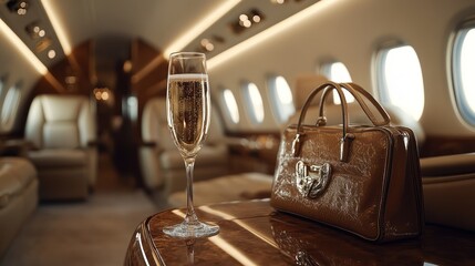 Private jet champagne luxury handbag travel