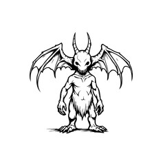 Intricate monochrome depiction of a winged horned figure standing menacingly in a stark setting