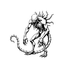 Intricate monochrome depiction featuring a monstrous skeletal figure with a sinuous tail design