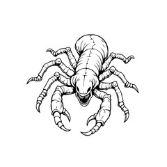 Intricate monochrome illustration depicting a formidable fictional arthropod creature with