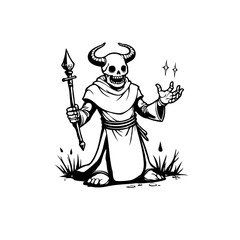Intricate monochrome depiction showcasing a horned skeleton character wielding a staff amidst