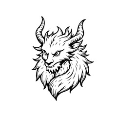 Intricate monochrome vector art depicting a horned mystical creature with a predatory gaze and