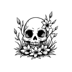 Intricate monochrome skull illustration interwoven with floral designs creating a contrast between
