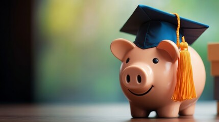 Celebrating graduation piggy bank with cap symbolizes financial success for students indoor setting close-up shot inspirational concept