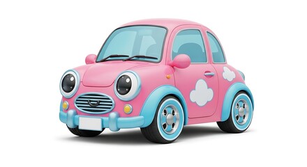 Cute Pink Cartoon Car with Cloud Decorations Isolated on White Background